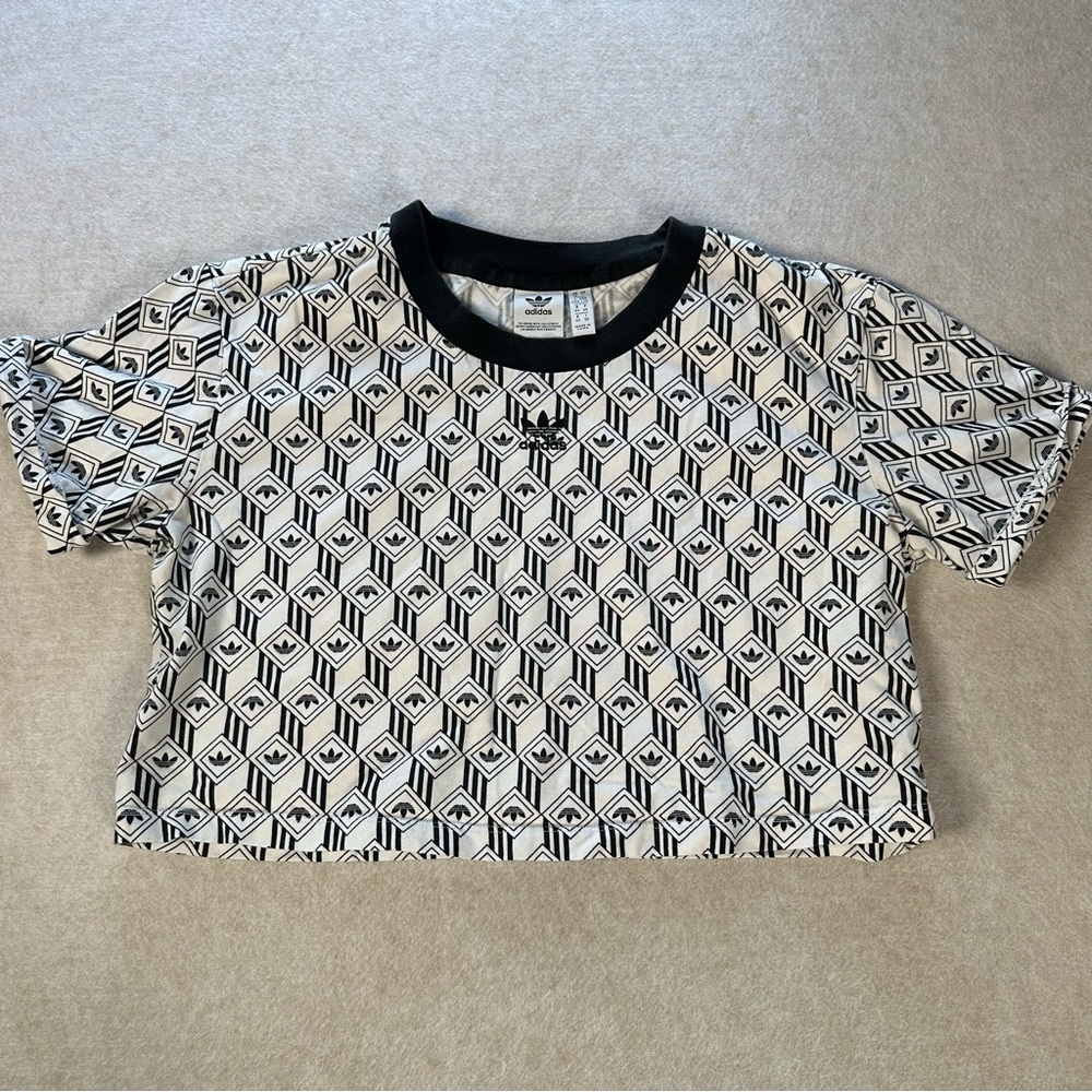 Adidas Originals Women's Black & White Trefoil Monogram Crop T-Shirt Tee Size L
